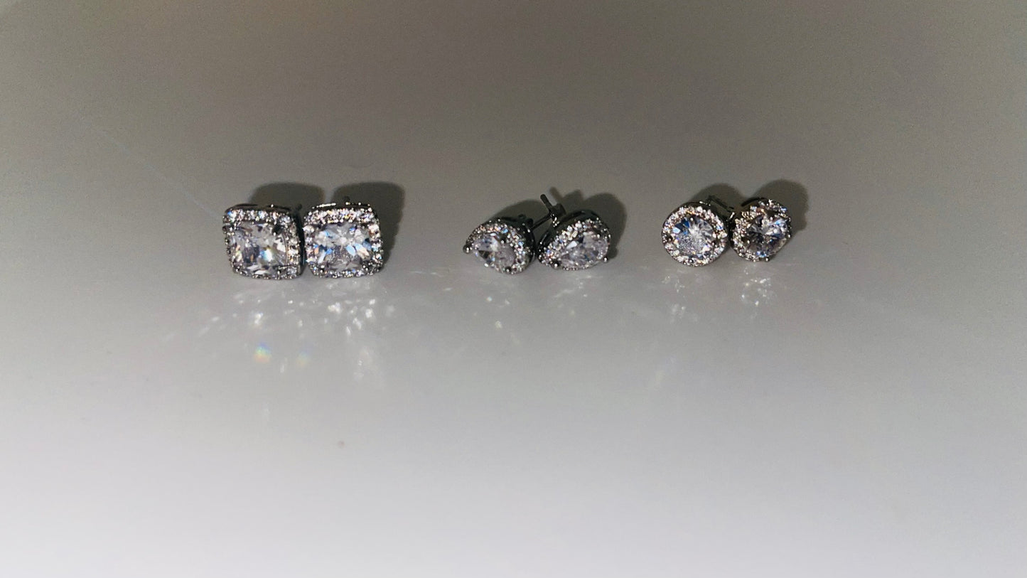 3 Cubic Zirconia Stud Earrings Set