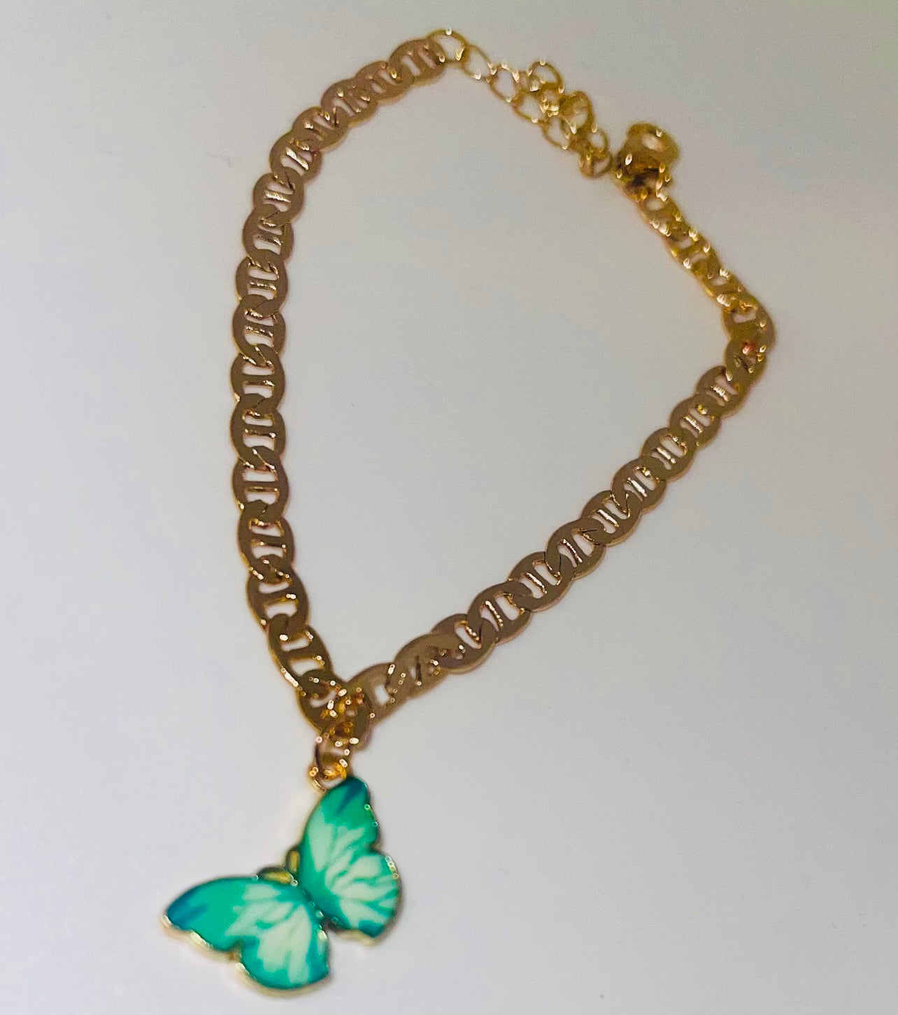 Thick link chain Anklet with Green Butterfly
