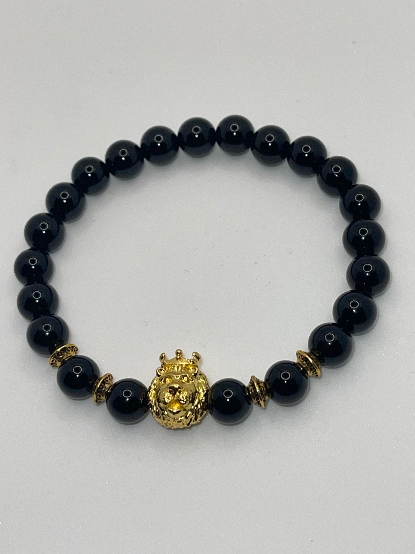 Lion w/ crown onyx black bead bracelet