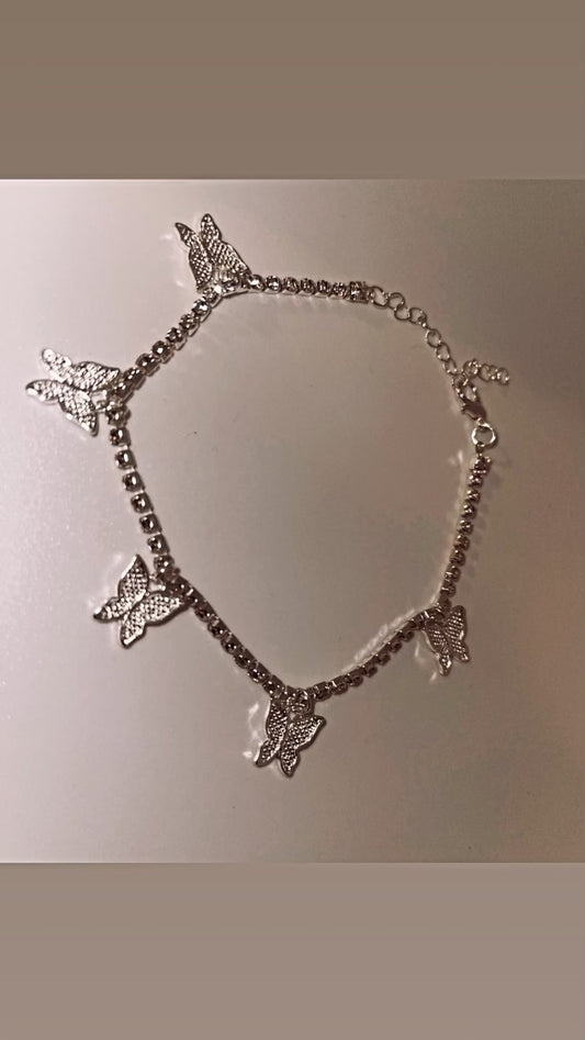 Tennis Style Silver Butterfly Anklet